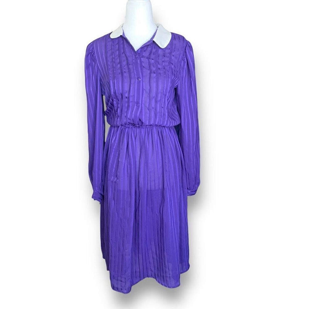 Vintage‎ Kono Shirt Dress Sheer Purple Chiffon Button Front Vertical Stripe